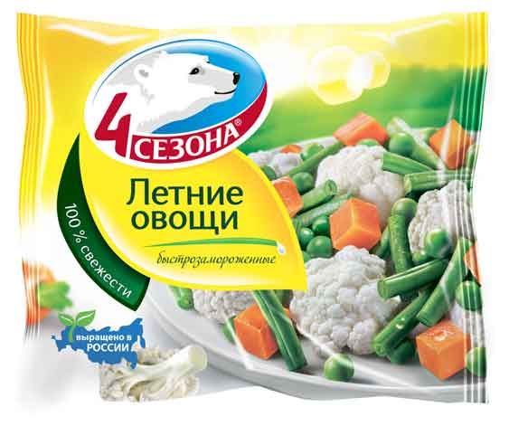 Овощная смесь 4 Сезона Летние овощи морковь зеленый горошек цветная капуста фасоль зеленая стручковая замороженная, 400 г
