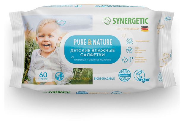 Synergetic Влажные салфетки детские Synergetic пантенол и овсяное молочко гипоаллергенные 0+, 60 шт