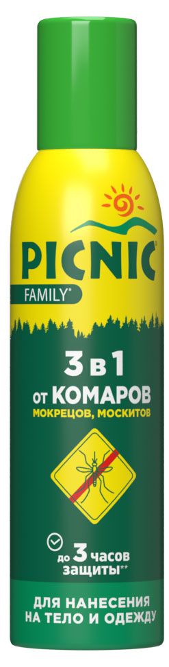 Picnic Аэрозоль от комаров мокрецов москитов Picnic Family с экстрактом алоэ, 150 мл