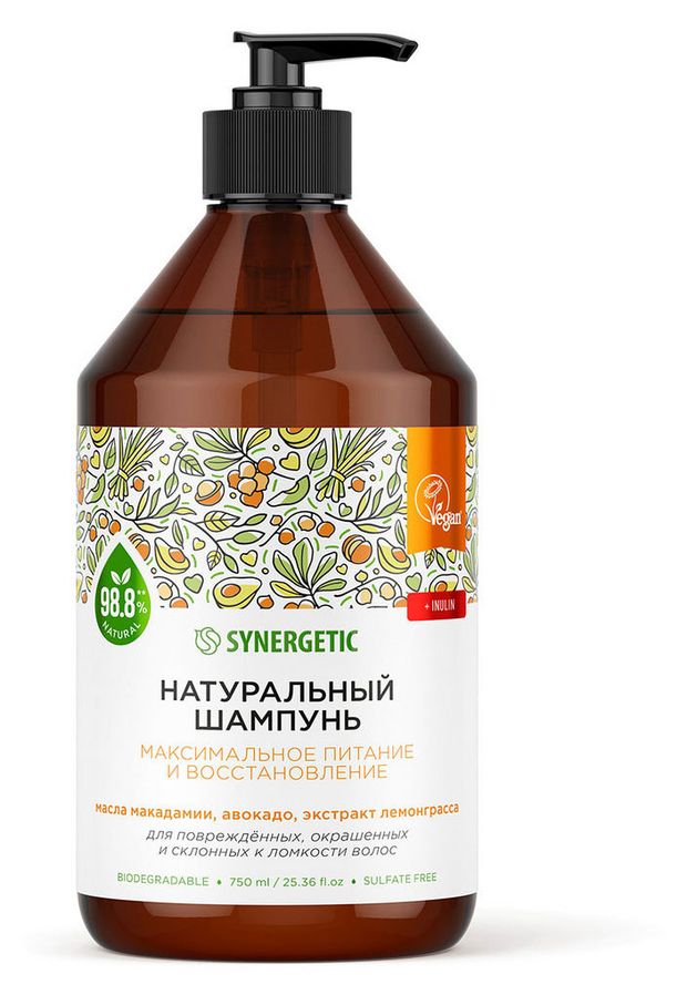 Synergetic Шампунь для волос Synergetic Максимальное питание и восстановление без сульфатов, 750 мл