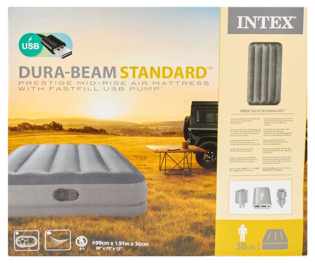 INTEX Матрас надувной INTEX Prestige Mid-Rise Airbed односпальный с электрическим насосом от USB, 99х191х30 см