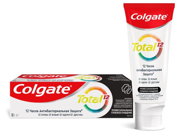 Colgate Зубная паста Colgate Total 12 Глубокое Очищение комплексная антибактериальная с древесным углем, 80 г