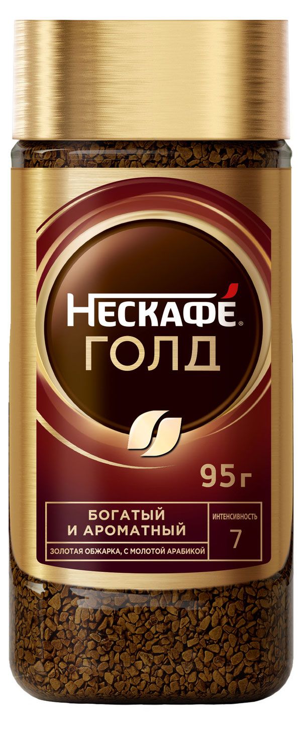 Нескафé Кофе растворимый Нескаф Голд сублимированный с добавлением жареного молотого кофе, 95 г