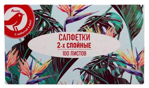 АШАН Красная птица Салфетки бумажные АШАН Красная птица 2-слойные в боксе, 100 шт