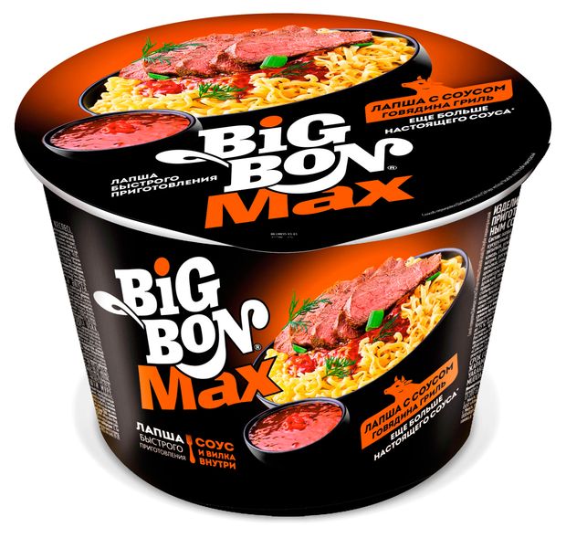 BIGBON Лапша быстрого приготовления BIGBON MAX с соусом Говядиной гриль, 95 г