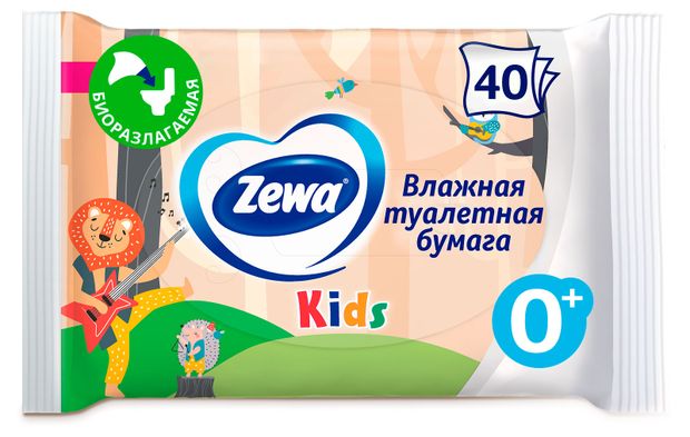 Влажная туалетная бумага Zewa Kids детская без аромата, 40 листов
