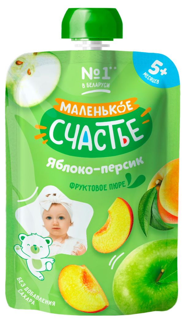 Маленько счастье Пюре фруктовое Маленько счастье яблоко и персик 5+ мес., 90 г