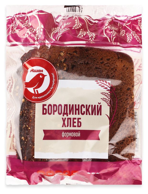 АШАН Красная птица Хлеб ржано-пшеничный серый АШАН Красная птица Бородинский с кориандром формовой кирпич половинка, 350 г