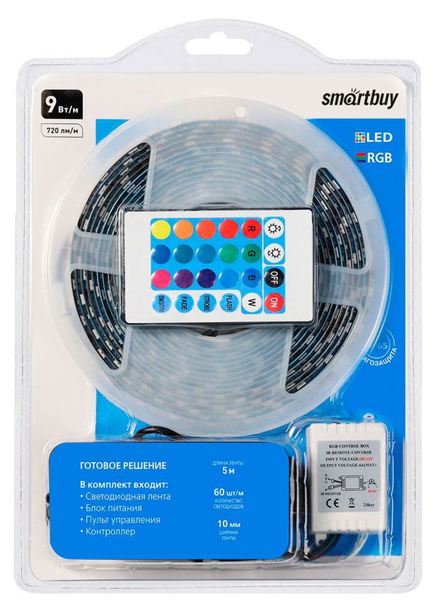 SmartBuy Комплект светодиодной ленты SmartBuy SMD 50х50/60 12V IP65 9W RGB 720лм катушка, 5 м