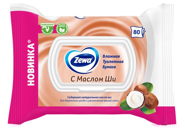 Влажная туалетная бумага Zewa с маслом ши смываемая, 80 л