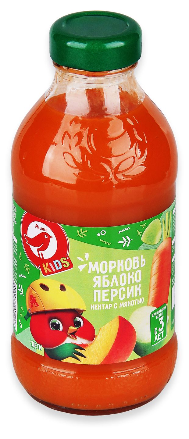 Нектар АШАН Красная птица Kids морковь яблоко персик с мякотью, 330 мл