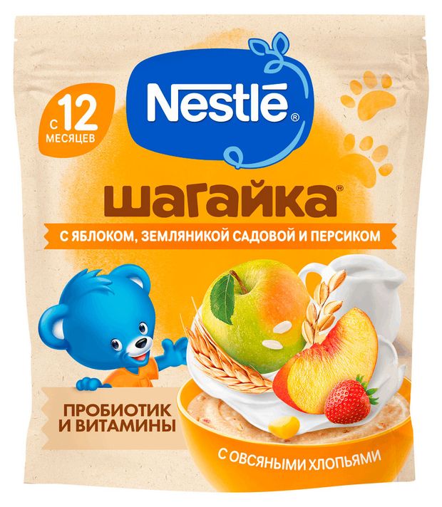 Nestlе Каша молочная детская Nestlе Шагайка мультизлаковая с овсяными хлопьями яблоко земляника персик с 12 мес., 190 г