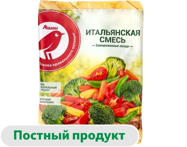 Овощная смесь АШАН Красная птица Итальянская мини морковь и кукуруза в початках с томатами замороженная, 400 г