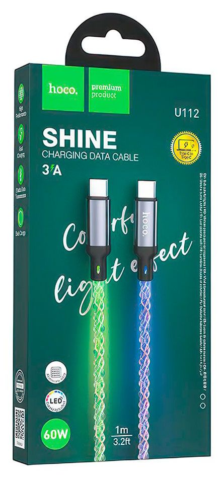 Кабель Hoco U112 TYPE-C 3А 60W LED подсветка, 1 м