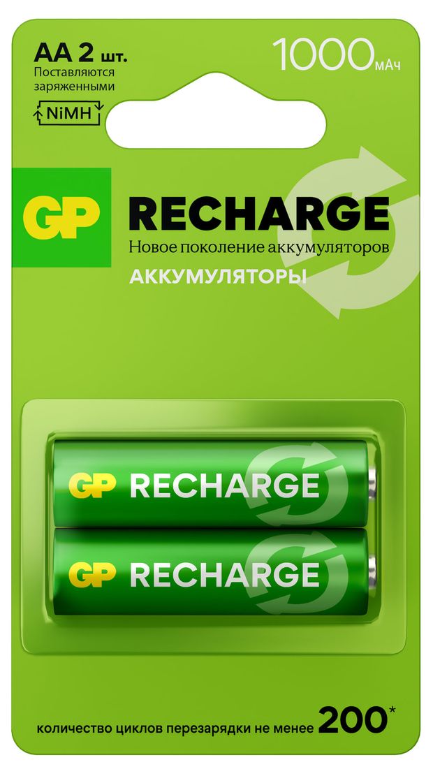 GP Батарея аккумуляторная GP Rechargeable 1000 мАч типоразмер AA, 2 шт