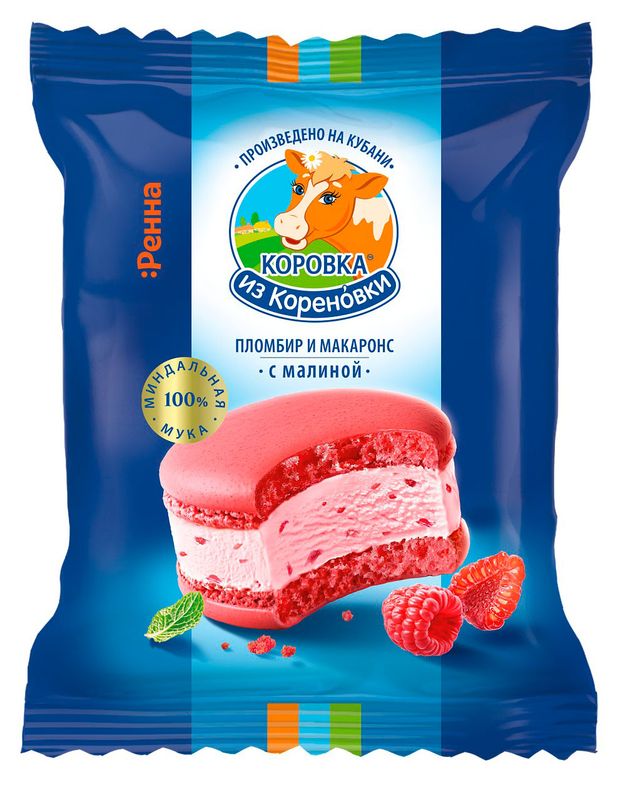 Коровка из Кореновки Мороженое сливочное Коровка из Кореновки Пломбир малиновый в печенье макаронс 15% БЗМЖ, 70 г