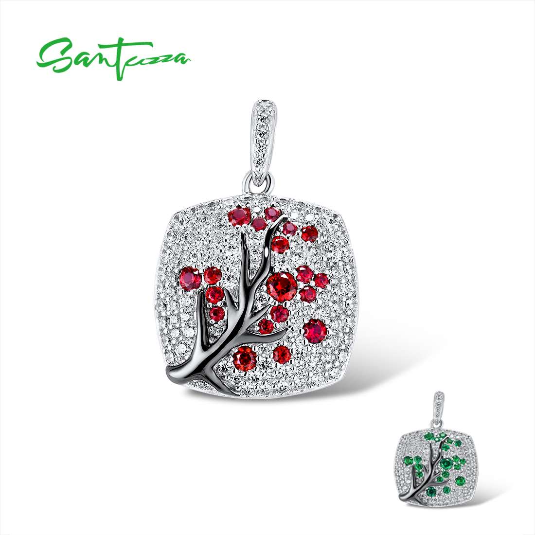 SANTUZZA 925 Sterling Silver Pendant For Women Sparkling Pink Green Cherry Tree Delicate Fashion подвеска кулон Fine Jewelry