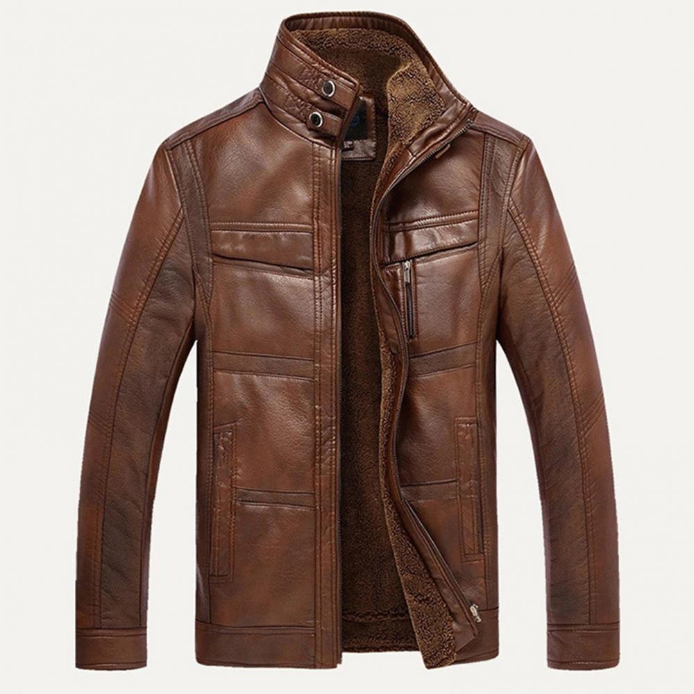 2022 Men Velvet Jacket Vintage Stand Collar Faux Leather Thick Fleece Lined Zip Windproof jackets for Men куртка зимняя мужс