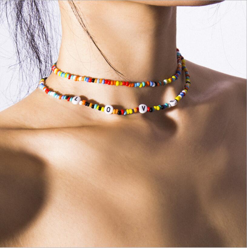 Trend Women Bohemian LOVE Colorful Beaded Choker Lady Collar подвеска Summer Gifts Drop shipping S2227