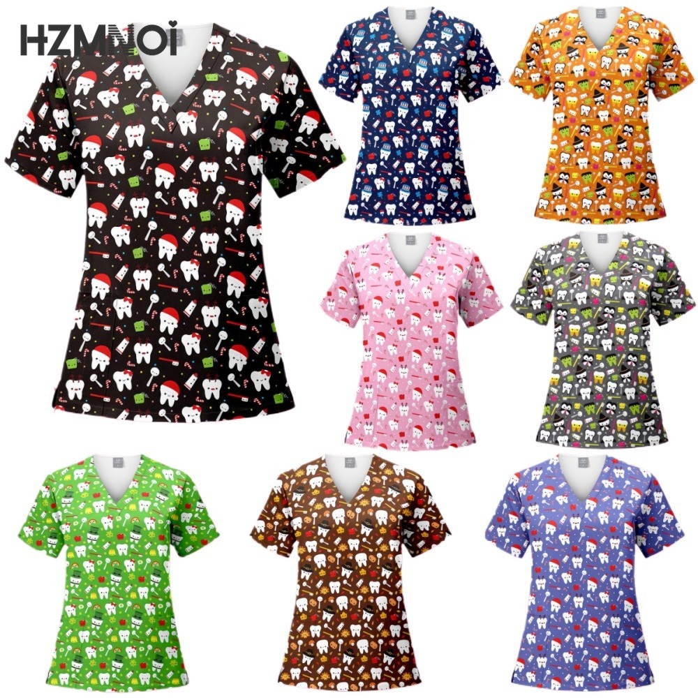 Medical Nurse Uniforms Operating Room Surgical Uniform V-neck Blouse Doctor Workwear Nursing Accessories Cartoon Print Scrub 