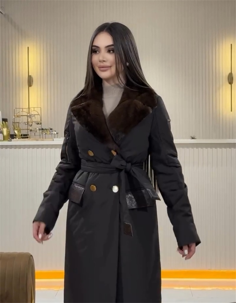 Big Fur Lapel With Belt Pockets Women's Overcoat Loose Cotton Double-Breasted Overgarment Black Зимняя теплая одежда. Товарны