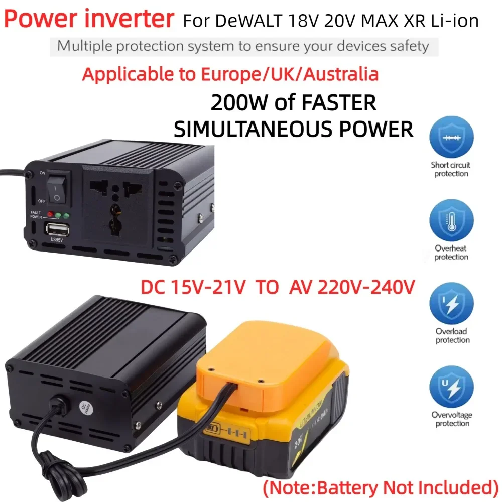 200W Portable Power Inverter Outlet Adapter for DeWALT 18V 20 Max XR Battery DC 15-20V To AC 220V Powered with USB for UK EU 