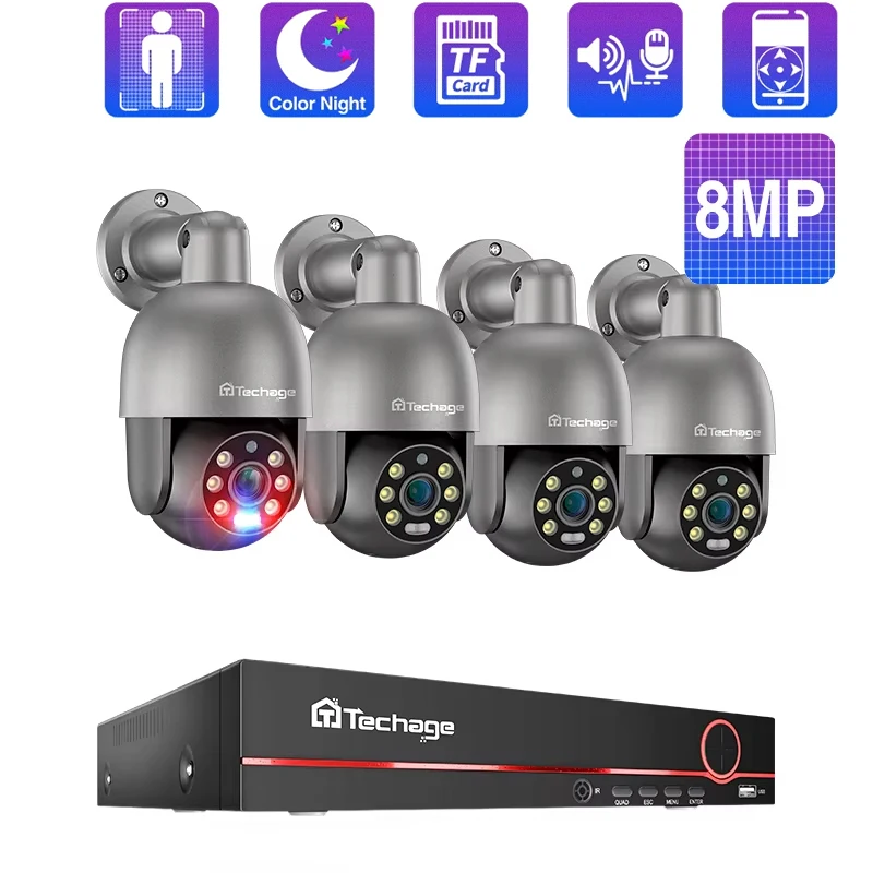 Techage 4K 8MP PTZ система безопасности POE IP камера H.265 8CH POE NVR наружная камера видеонаблюдения с искусственным интел
