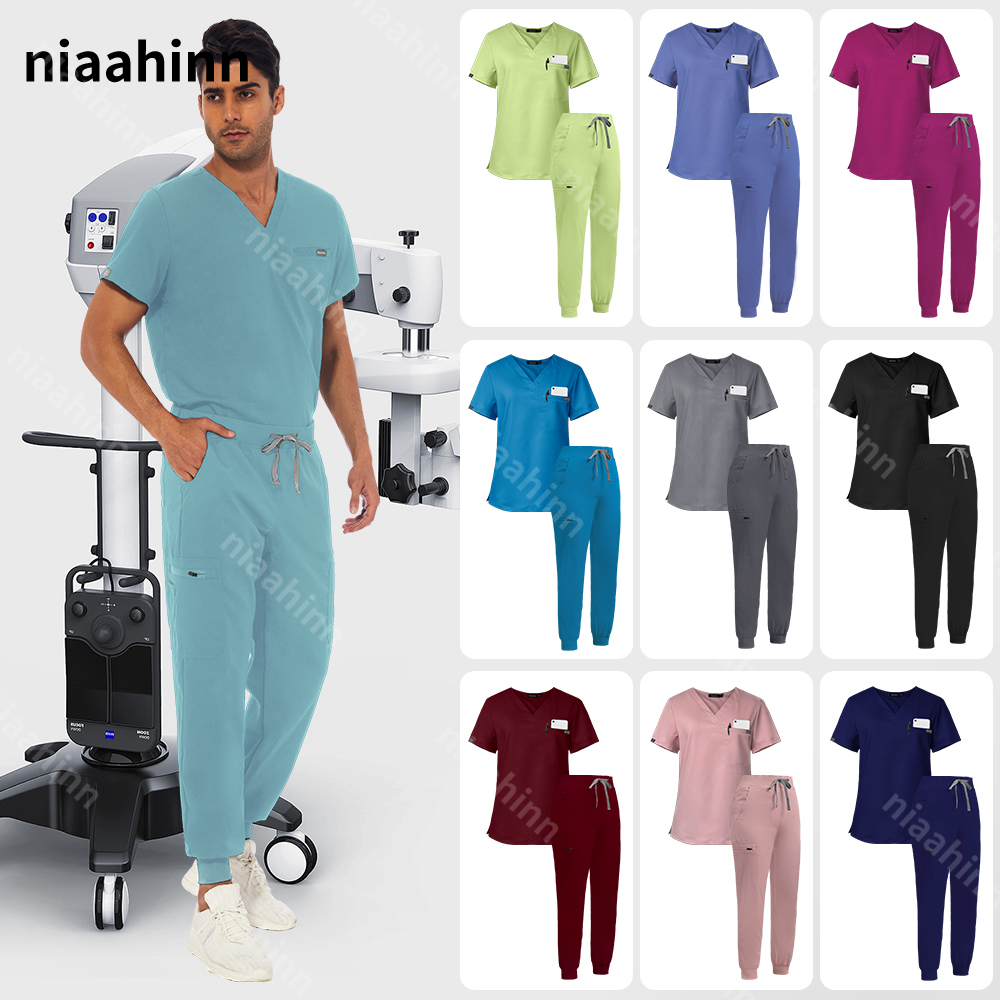 Hospital Doctor Nursing Set Unisex Surgical Jogger Suit Short Sleeved V-neck Tops Nurse Pants Pharmacy Medical Uniform Wholes