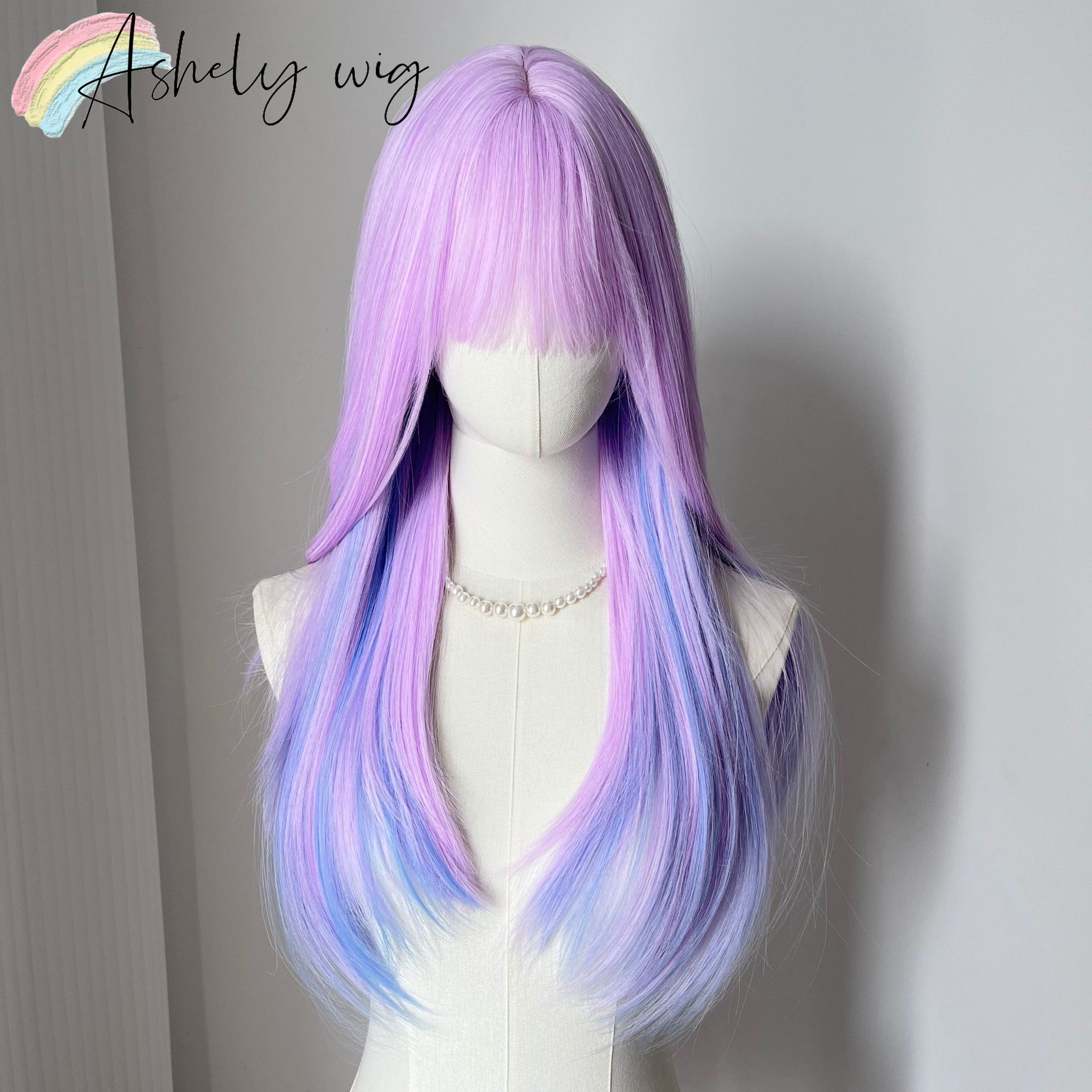 Ombre Light Purple Wig for Women 24inch Long Straight Wig with Bangs Lolita Cosplay Heat Resistant Fibers Headband Wigs Парик