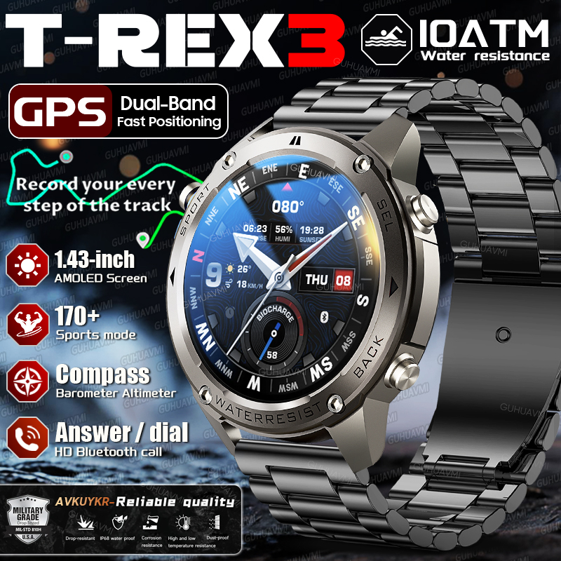New T-REX3 Ultra Military GPS SmartWatch 1.43-inch AMOLED With Dual band GPS Compass Altimeter BT Call 10ATM Swim Smartwatch 