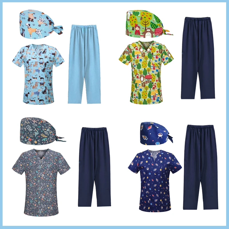 Pet Shop Dustproof Clothes Unisex Scrub Top Animal Print Scrubs Blouse Medical Uniform Hospital Nurse Doctor Workwear Spa Shi