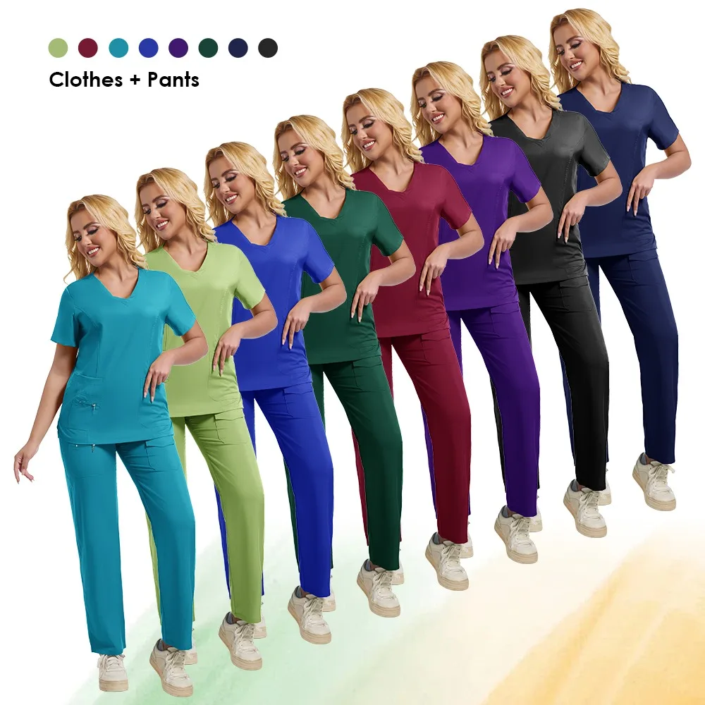 Scrubs Medical Uniforms Women Hot Selling Solid Color Nurse Doctor Uniform Unisex Veterinary Surgical Gowns Dental Scrub Set 