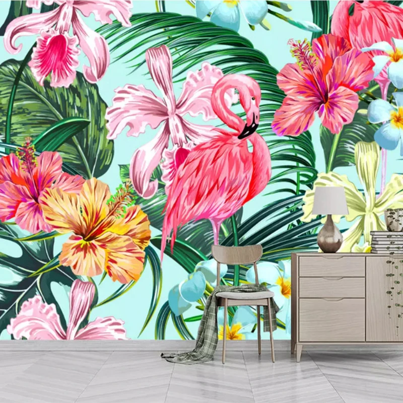 Custom 3D Wall Mural Tropical Plant Leaf Pink Flowers And Birds Photo Wallpaper Living Room Dining Rooom Papel De Parede обои