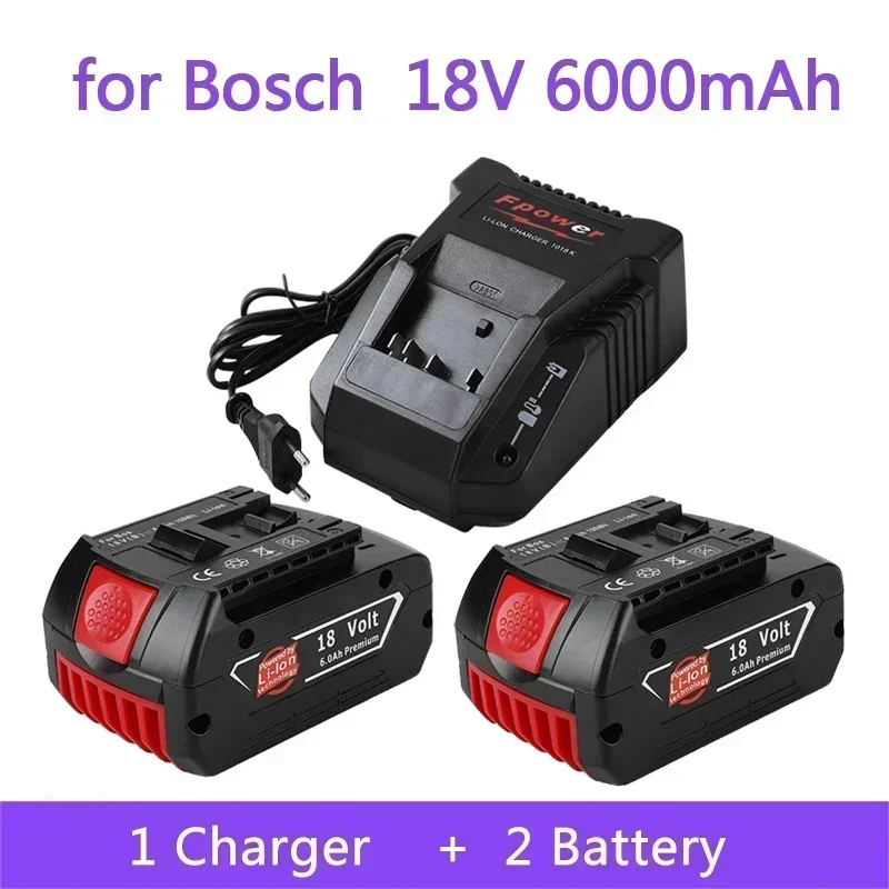 18V Battery 6.0Ah for Bosch Electric Drill 18V Rechargeable Li-ion Battery BAT609, BAT609G, BAT618, BAT618G, BAT614 + 1Charge