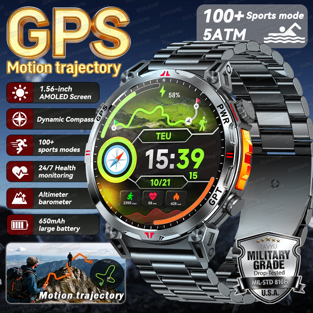 2026 Outdoor GPS Sports Smart Watch Men Built in GPS Compass 5ATM Waterproof Bluetooth Call HD AMOLED Screen Fitness Smartwat
