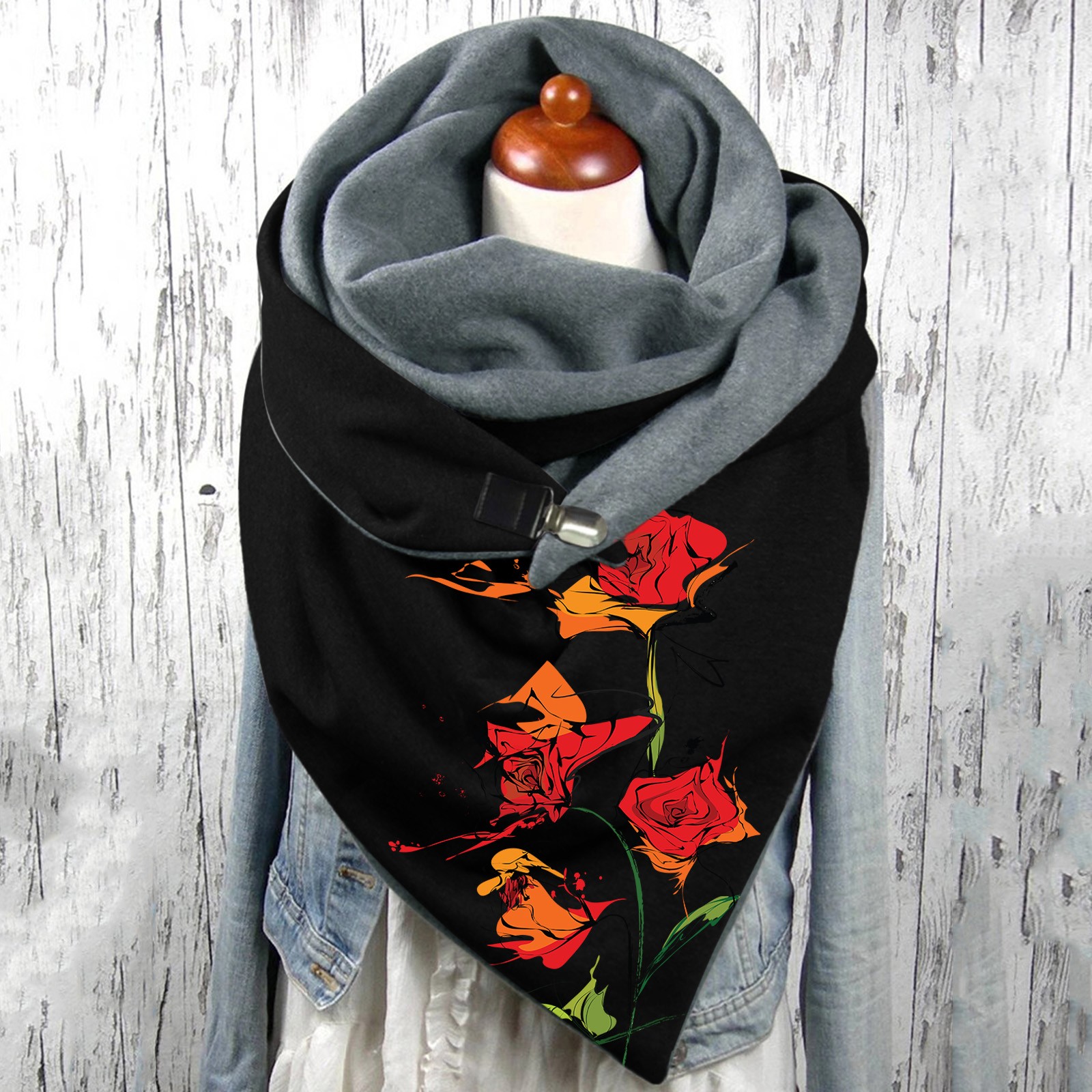 Autumn Winter Women's Scarf Rose Peony Flower Printed Warm Button Scarf Warm Soft Wraps Button Fleece Scarves Bufandas шарф