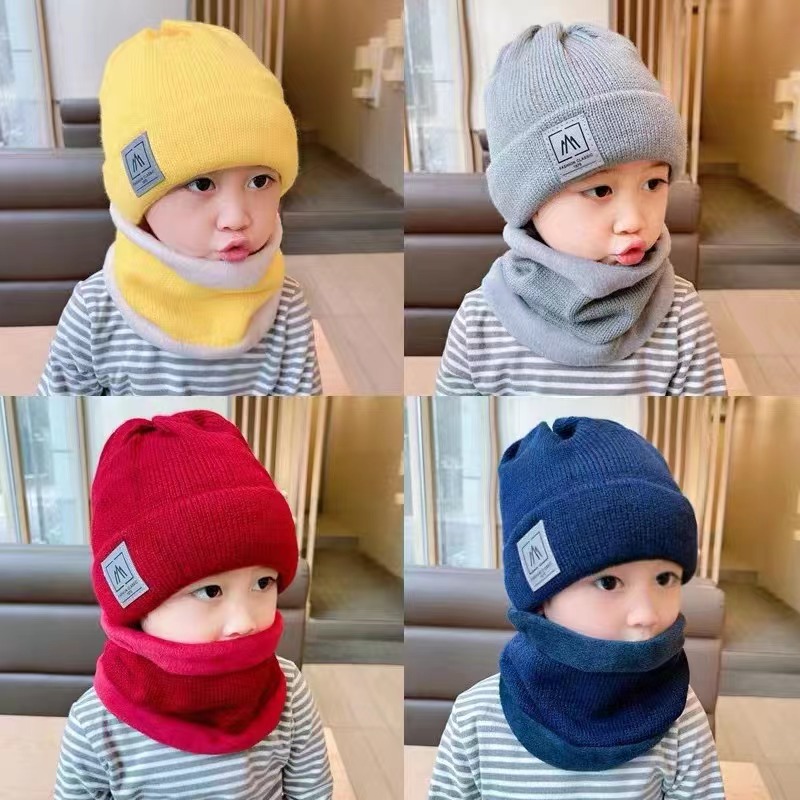 Solid Children's Hat Scarf Set Winter Knitted Kids Beanies Warm Plus Velvet Thicken Caps For Boys Girls шапка зимняя детская