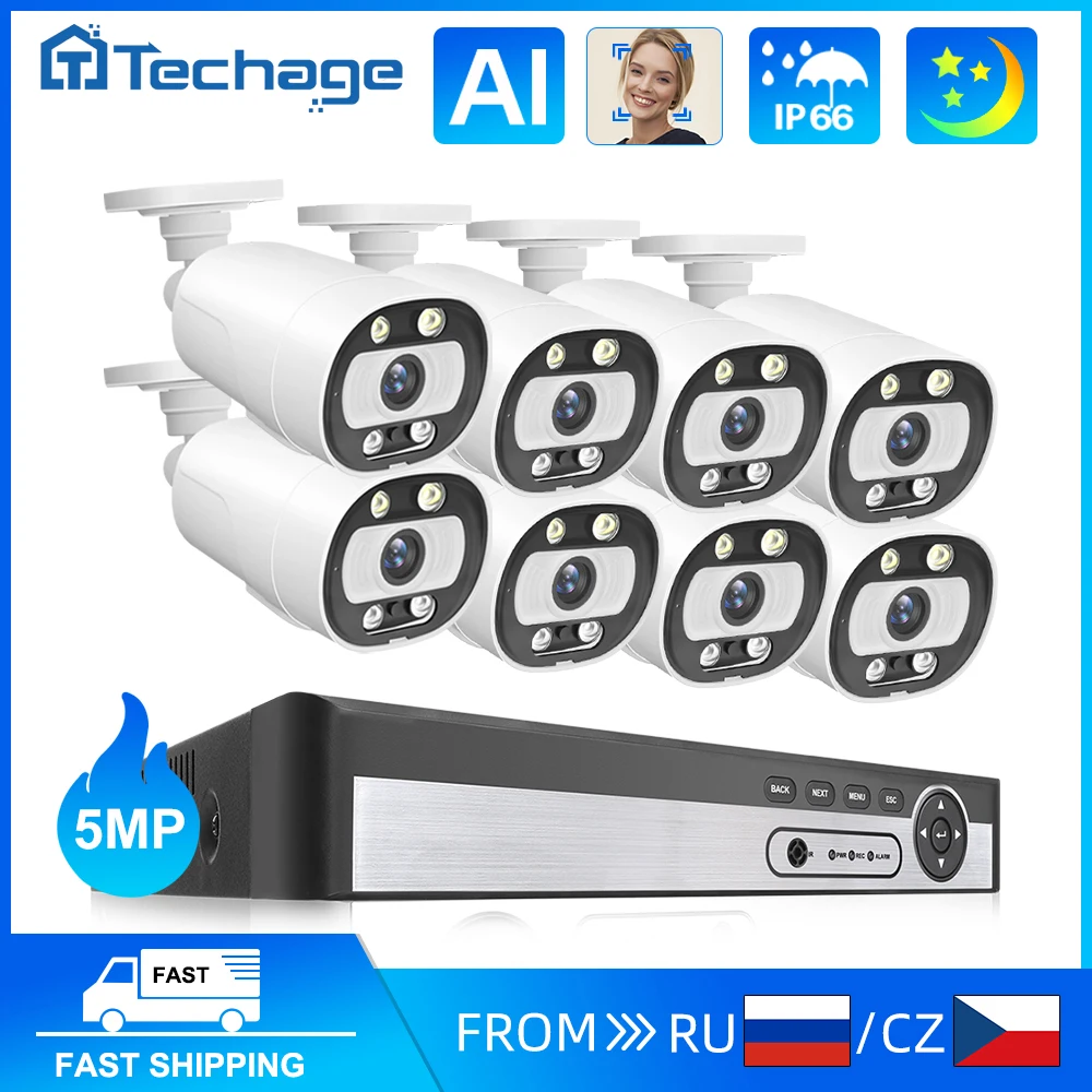 Techage 8CH 5MP POE CCTV камера система безопасности защита интеллектуальный AI Face Detect двусторонняя аудиосвязь наружные 