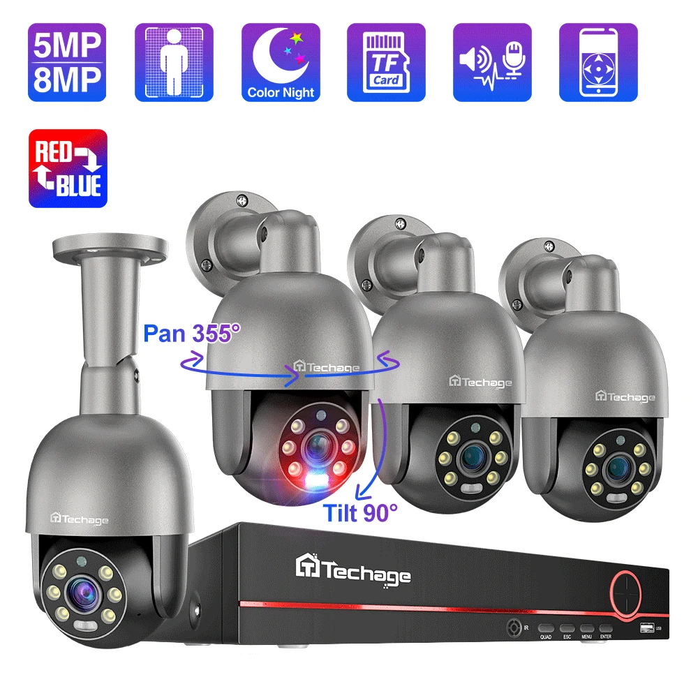 Techage 8CH 4K 5MP 8MP PTZ система безопасности POE IP камера наружного обнаружения человека AI двусторонняя аудио видео каме