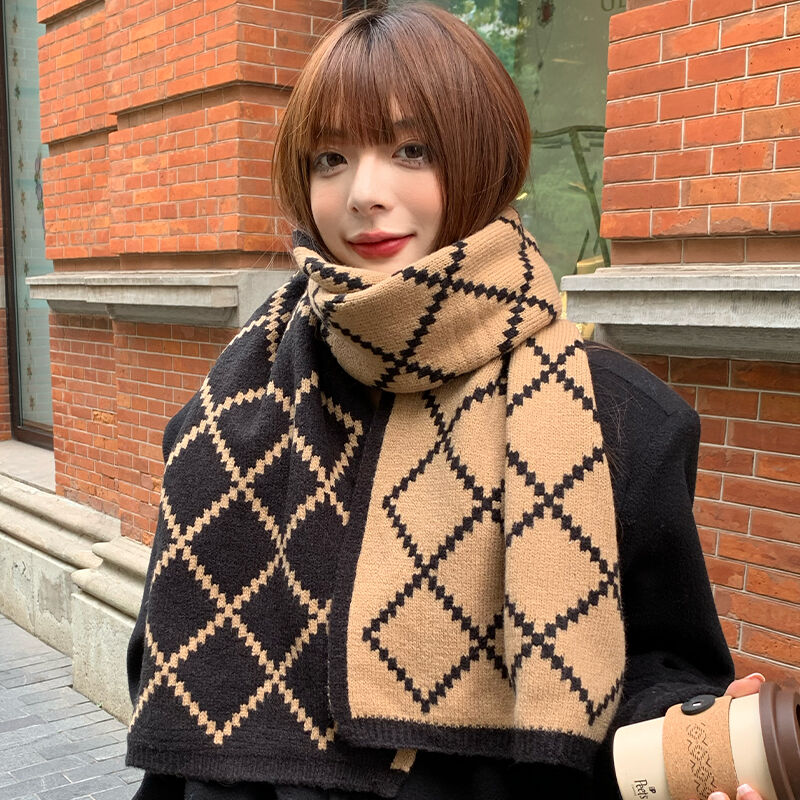 목도리 2023 New Шарф High Quality Winter Double Sided Fashion Scarf for Women Warm Thickened Wool Knit Checkered Bib Trend Hot S