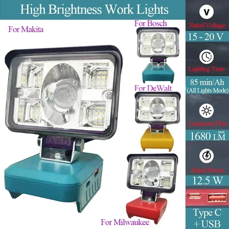 3 Inch Large Lens Car LED Work Lamp Light Torch Type C USB Power Bank For Makita For DeWalt For Bosch For Milwaukee 18V Batte