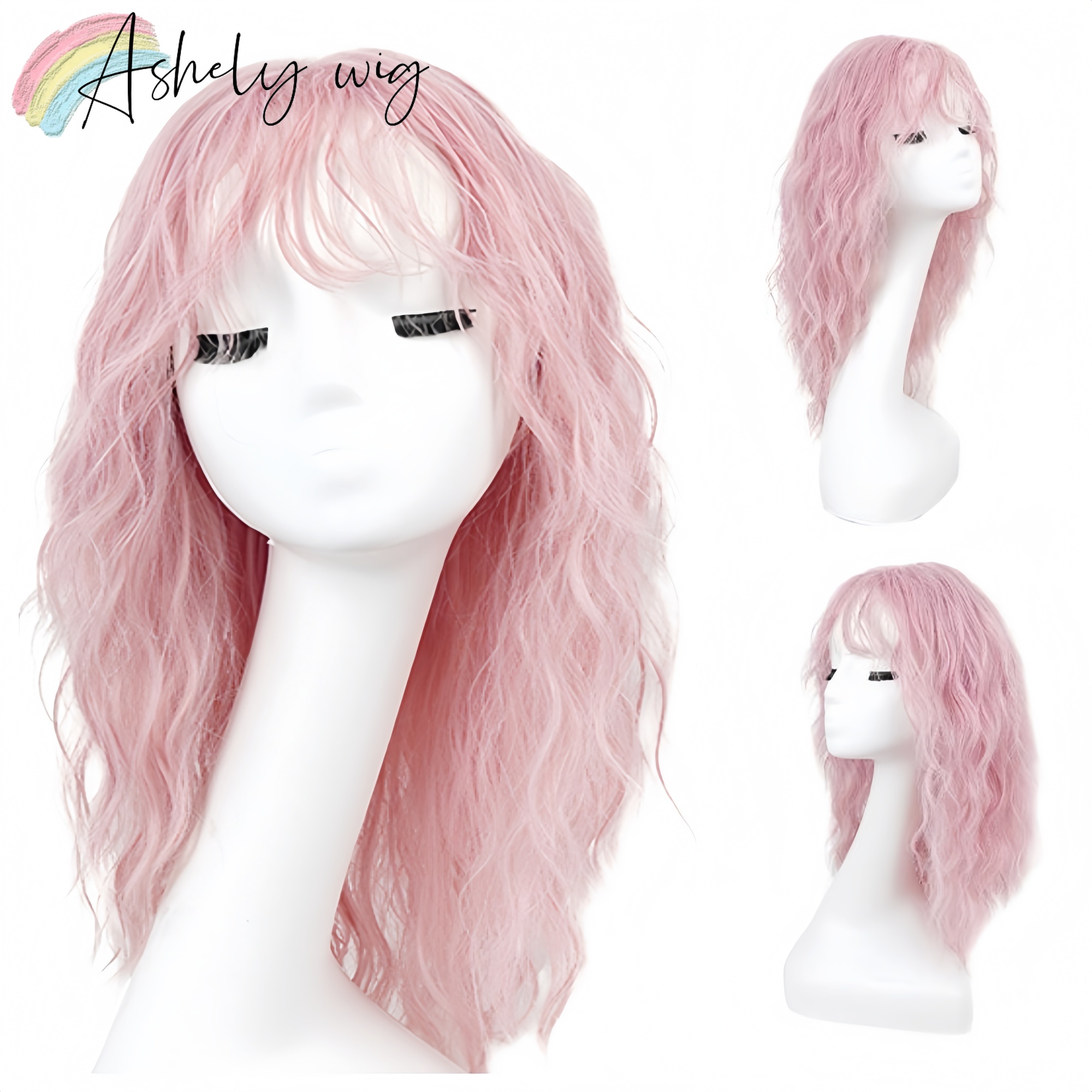 Ashely Pink Curly Wig with Bangs 20inches Wavy Hair Wigs Cute Synthetic Wigs High Temperature Fibers Lolita Wig Pastel Парик