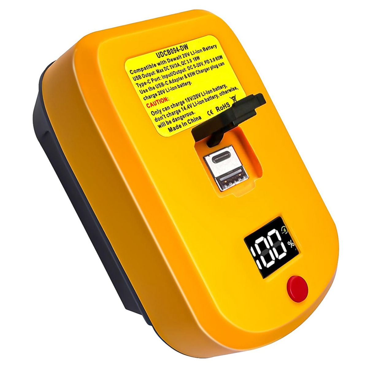 USB C Charger for DeWalt 20V Battery,2 Ports with USB-C Und USB-A,Yellow 65W Fast Charger PD 3.0 Power Adapter USB Power Supp