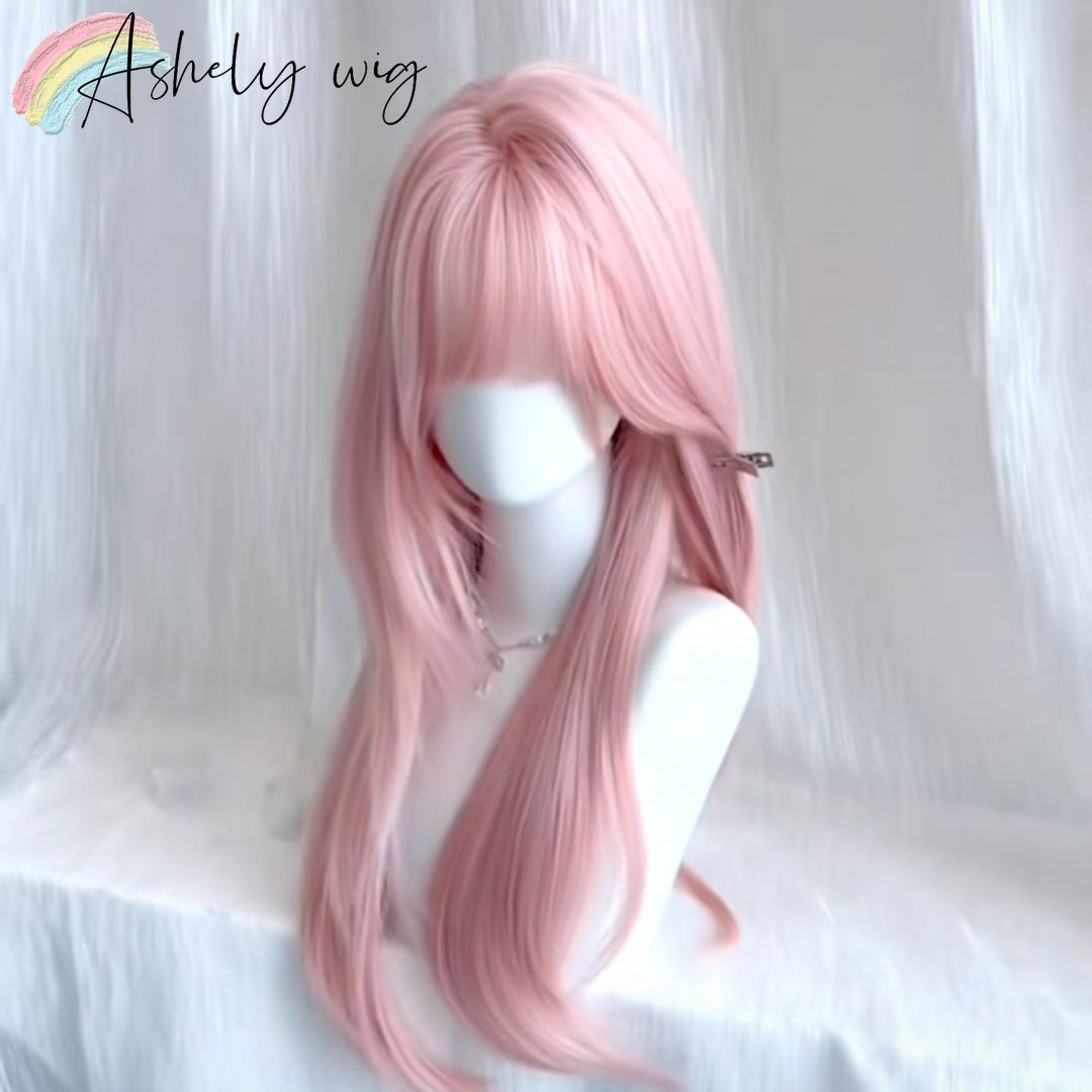 Ashely Pink Wig for Women Hair Wig with Bangs High Temperature Fibers Lolita Cute Layered Wig Synthetic Wigs Headband 가발 Пари