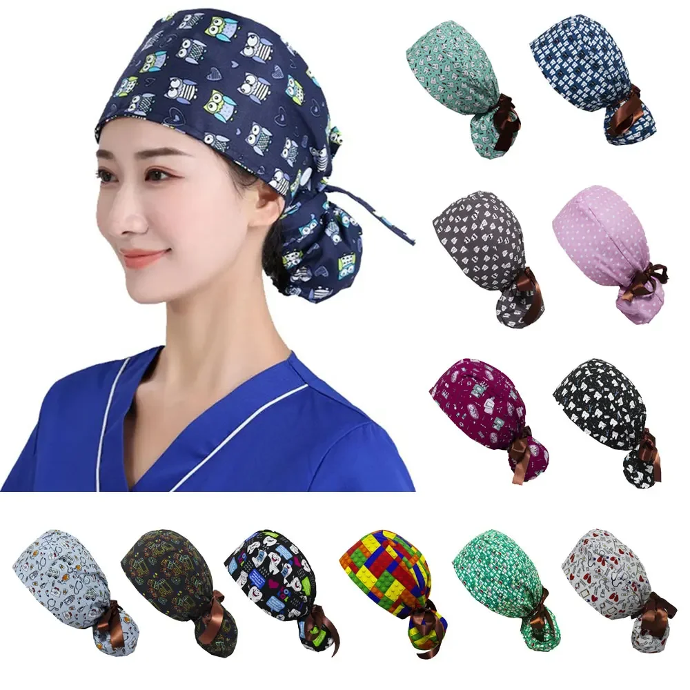 With Buttons Surgical Scrub Caps Doctor Nurse Caps for Women & Men Bouffant Ponytail Holder Turban Hats Adjustable Long Hair