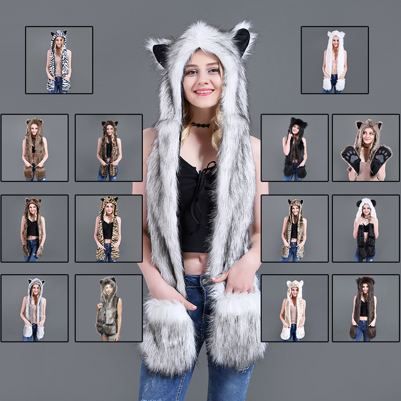 Lady Fur Cap Cartoon Furry Hat Scarf Glove in One Three-piece Set Cute Furry Hats for Women Шапка Женская