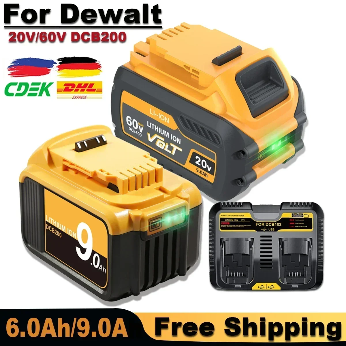 SU 60V 9.0Ah Battery Replacement Battery DCB606 DCB205 DCB206 DCB209 DCB182 20V 6.0Ah Power Tool Battery For Dewalt