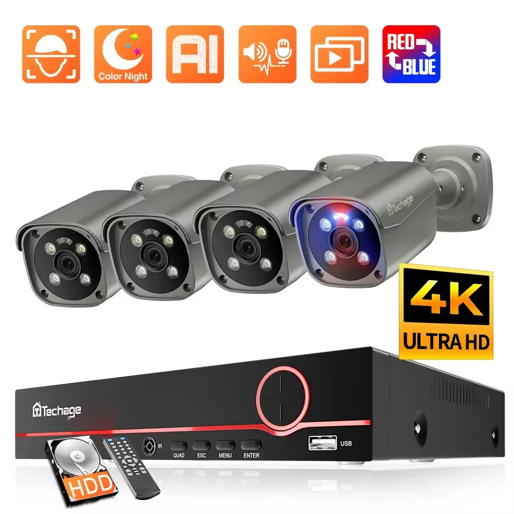 Система камер видеонаблюдения Techage 4K 8MP H.265 8CH PoE NVR Kit Обнаружение человека Сигнализация с красным светом P2P Вид