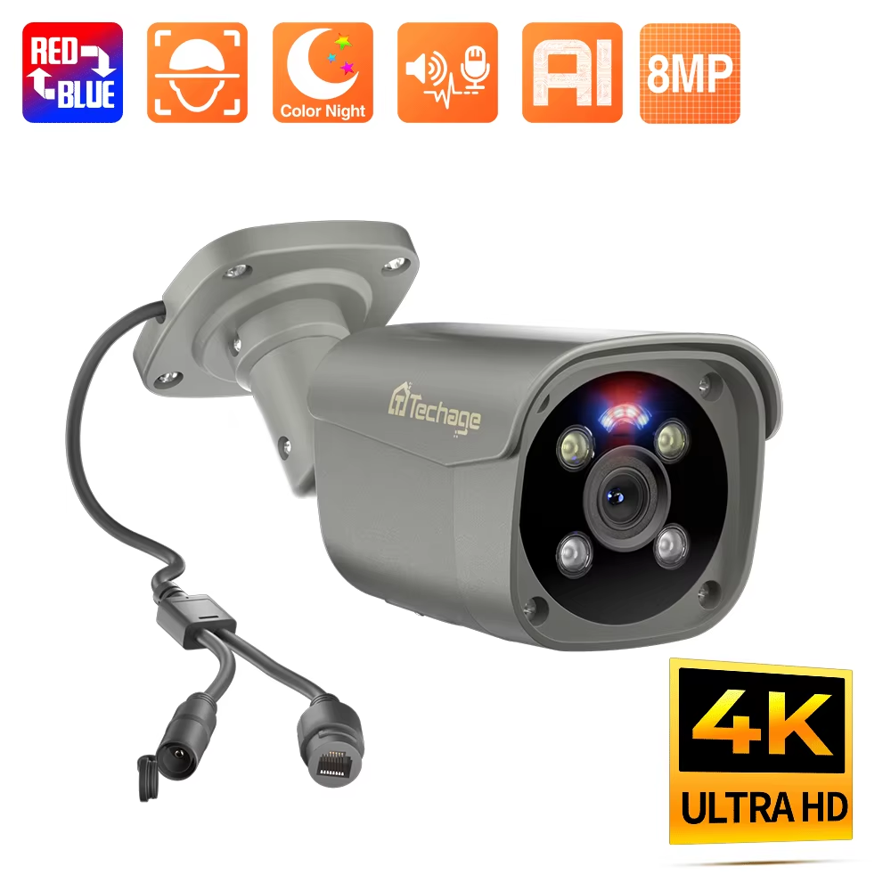 Techage 8MP PoE IP-камера Двусторонняя аудиосвязь Пулевидная IP-камера безопасности Система видеонаблюдения ONVIF Обнаружение