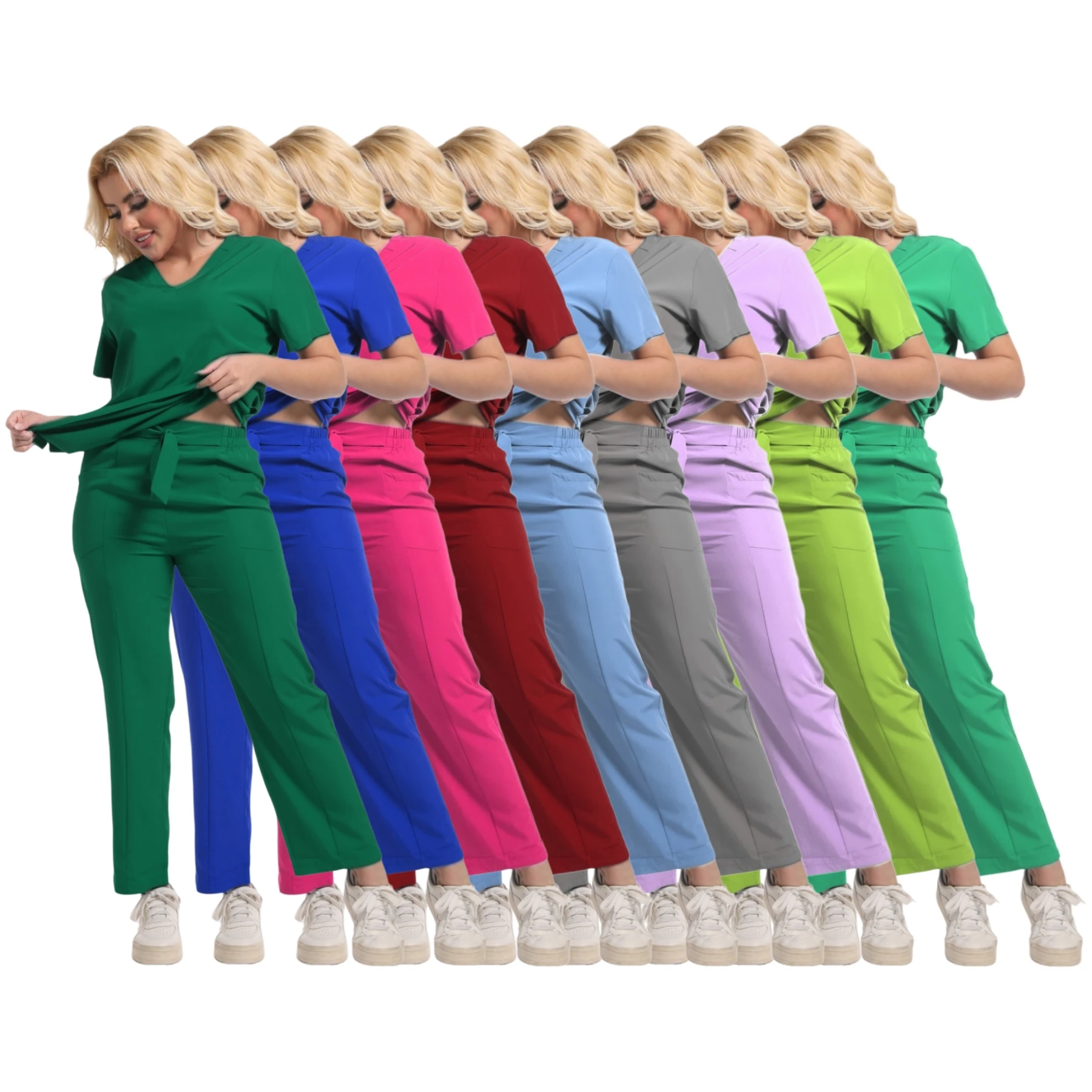 Beauty Scrubs Uniform Suit Short Sleeve V-neck Tops Pants Nurse Uniform Women Nursing Clothes Multicolor Doctor Medical Workw